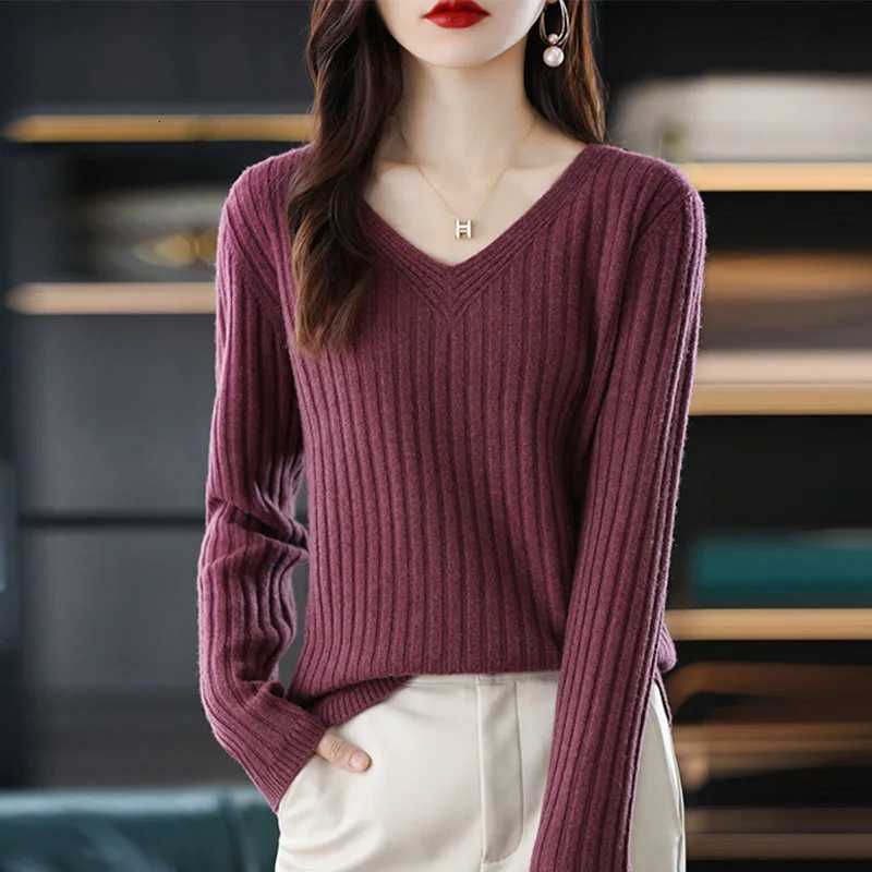 Women's Sweaters New Solid Color V Neck Knitted Sweater Temperament Fashion Long Sleeve Woman Slimming Pullovers Comfortable Soft Warm Tops H26