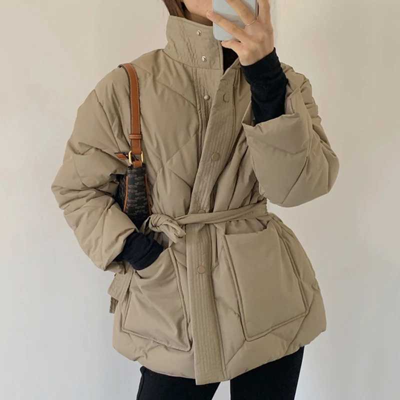 Winter Stand-up Collar Cotton Jacket Women Single-breasted Long-slved Solid Belt Thick Coat Korean Fashion Pocket Outerwear M260922