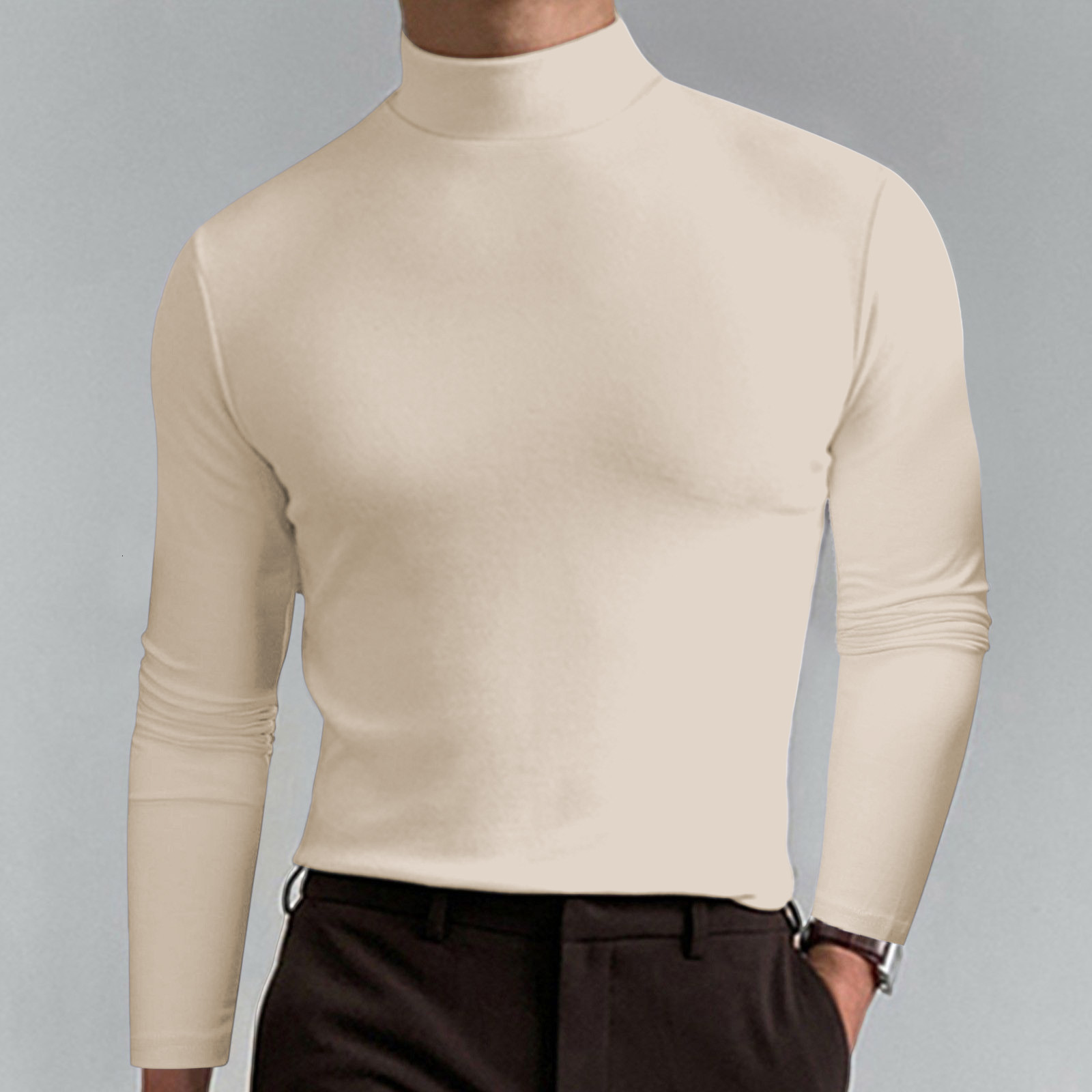 High quality European and American Men's Clothing 2026 Autumn Winter High Collar Long Sleeve T-Shirt Men's Base Shirt Comfortable Solid Co