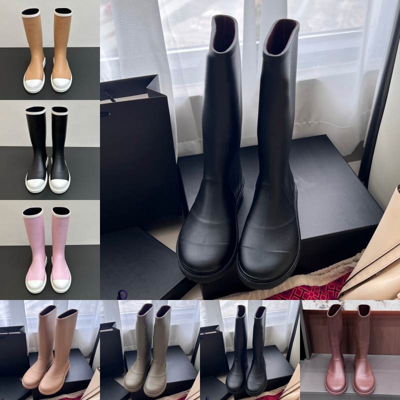Women Rain Boots Top Brand Designer Bottes Square Toe Black White Olive Beige Rainboots Lady Thick Heel Sole Rubber Winter Waterproof Casual Platfor