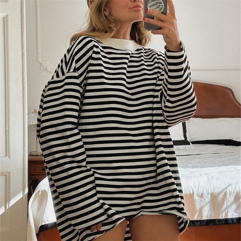 Women's Striped T-shirt 95% Cotton Oversized Black and White Casual Basic Long Sleeve Top Vintage Casual T-shirts for Women 260921CJ