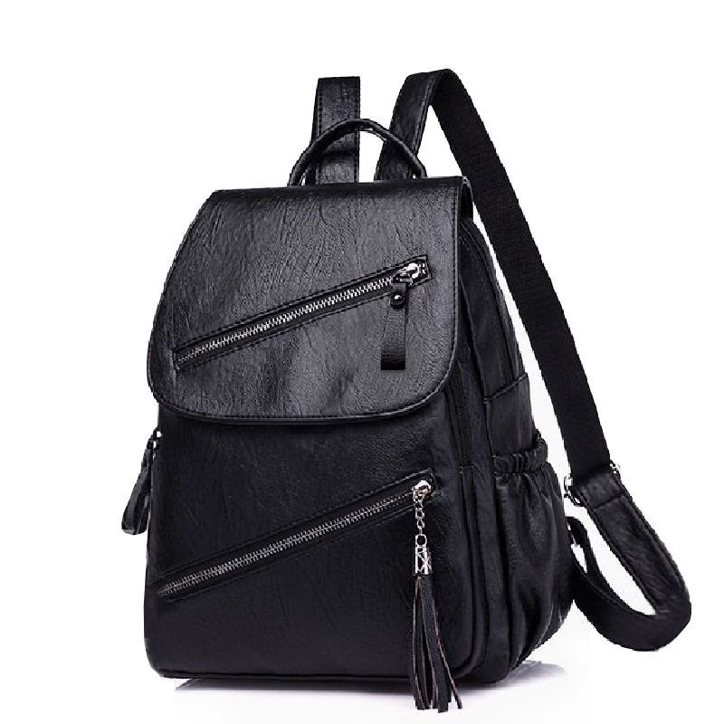 trendy Women Black Soft Faux Leather Backpack Tassel Decor Zipper Pockets Flip Cover Large Capacity Casual Travel Bag