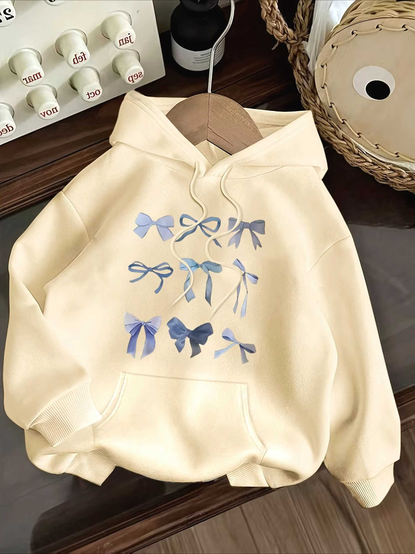 Creative Women's Hoodies Blue Sweatshirts Bow Fresh Style Printed Hoodie for Women in Autumn and Winter Long sleeved Hoodie for Women's Cl