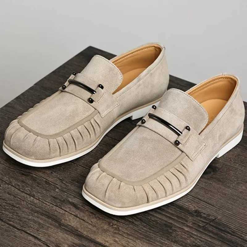 Dress Shoes New Top-layer Cowhide Suede Leather Loafers Men Square-toe Wrinkle Buckle Shoes Men Dress Shoes Business Casual Leather Shoes X260923