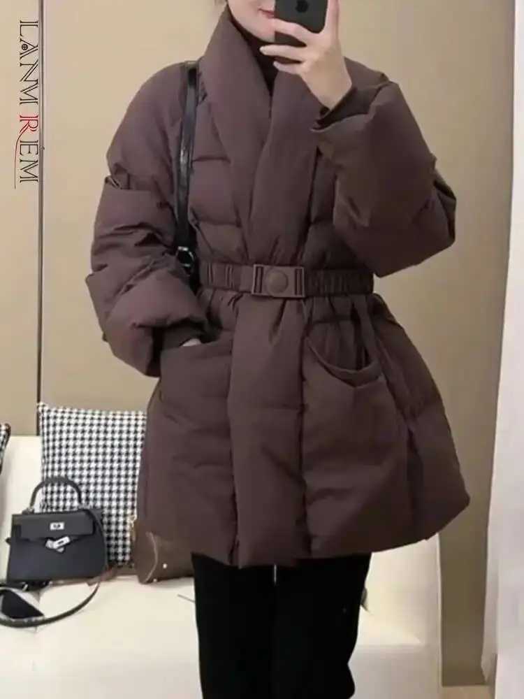 LANMREM Cotton Padded Coat With Belt Long Slves Big Size Solid Warm Jacket 2024 Winter New Female Fashion Strtwear 2Z288516 M260922