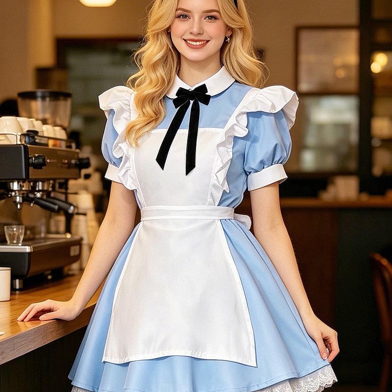 Costume d'Halloween Alice Maid pour femme - Bleu et blanc - Robe tablier à manches courtes - Tenue classique de personnage de conte de fées pour