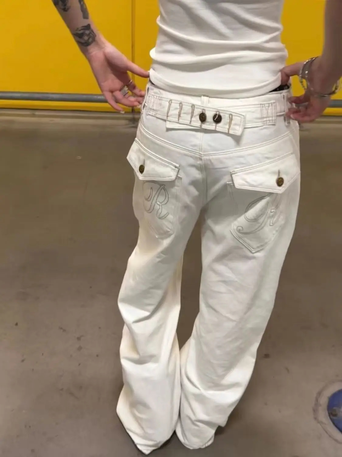 Americano Streetwear Vintage Bianco a vita alta Jeans a gamba larga Donna Y2k Ricamo Pantaloni larghi in denim Pantaloni dritti casual 260922