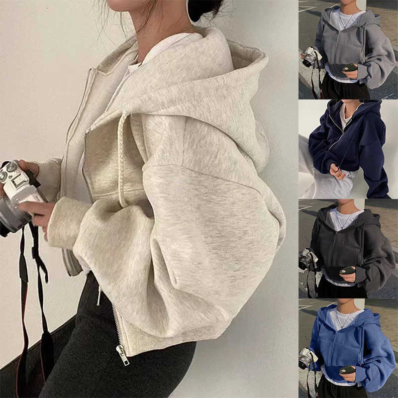 Spring Autumn Plus Size Insfleece-lined Cropped Slims Smooths Silhouette Zip-up Warm Navy Blue Hooded Sweatshirt Women 260922