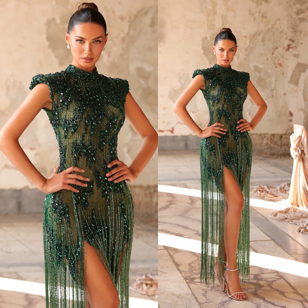 Sparkly Crystal Prom Dresses High Neck Mermaid Evening Dresses Beaded Tassel Illusion Party Gown Customized Vestidos De Noche Plus Size
