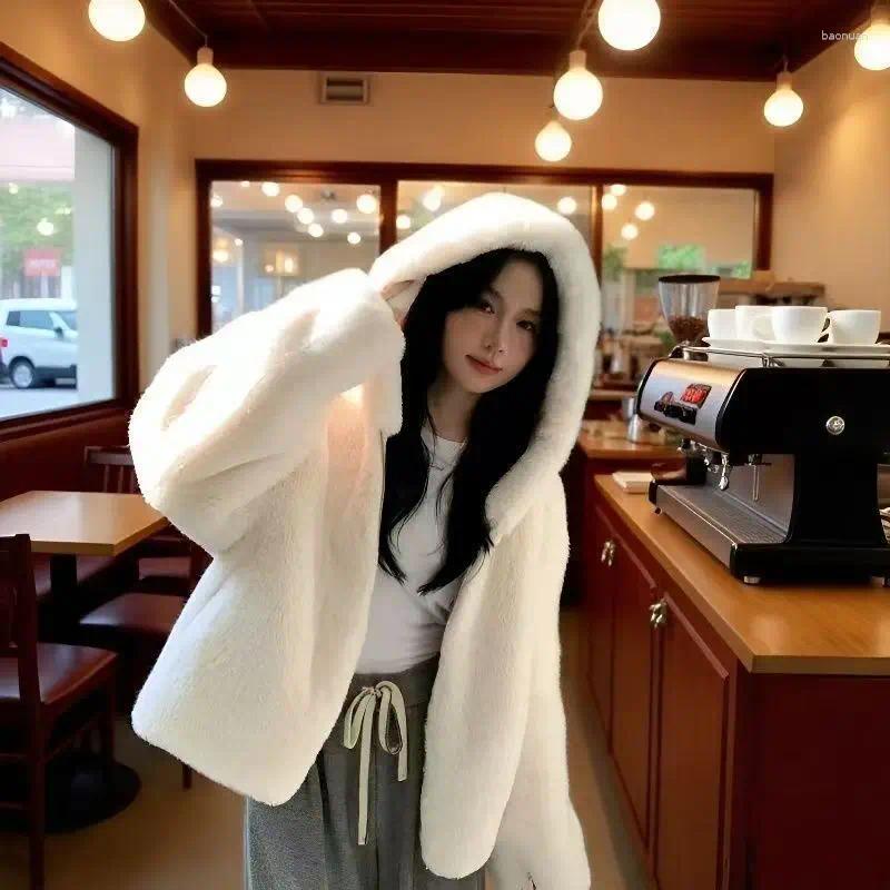 Women's 2026 Winter Eco Faux Hooded Long Sleeve Loose Plush Jacket Thick Warm Elegant Chic Coquette Trendy Coat