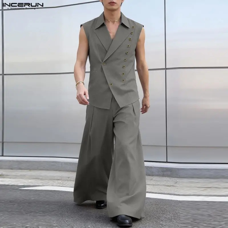 INCERUN Men's Sets Solid Lapel Sleeveless Blazer Wide Leg Pants Two Piece Streetwear 2026 Men Matching Tracksuits Man 260911