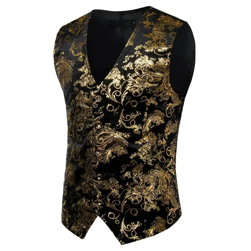 Mens Gold Metallic Paisley Printed Steampunk Vest Single Breasted V Neck Wedding Waistcoat Men Tuxedo Aristocrat Vests Gilet 2XL 260921