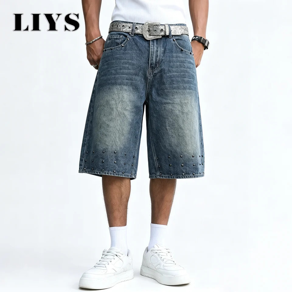 LIYS Men's Retro Washed Rivet Baggy Wide Leg Jeans Shorts Loose Fit Streetwear Denim Short Y2K Punk Style Jorts Unisex 260921