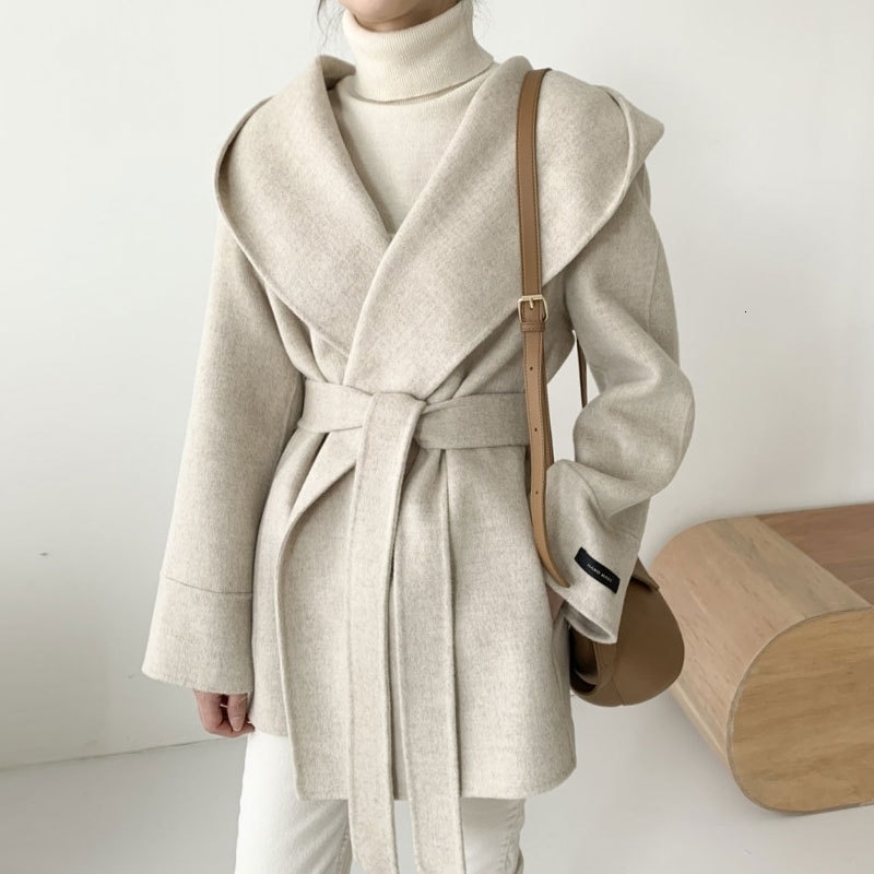 Women Wool Coats Solid Blends Jackets Pocket Lace Up Hooded Long Sleeves Cinched Waist Thick Loose Fit Casual Office 2026 Autumn 260922
