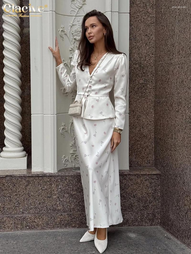 Clacive Fashion Slim Print Women's Two Pieces Set 2026 Elegant Long Sleeve Shirt With High Waist Skirt Female Clothing