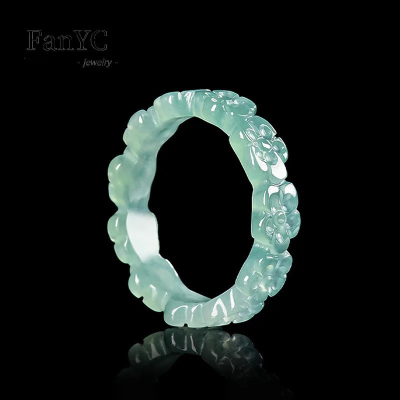 Natural Jadeite Blue Water Threedimensional Peach Blossom Ring Ice Jade Stone Couples Fashionable and Charming Jewellery Gift 260921