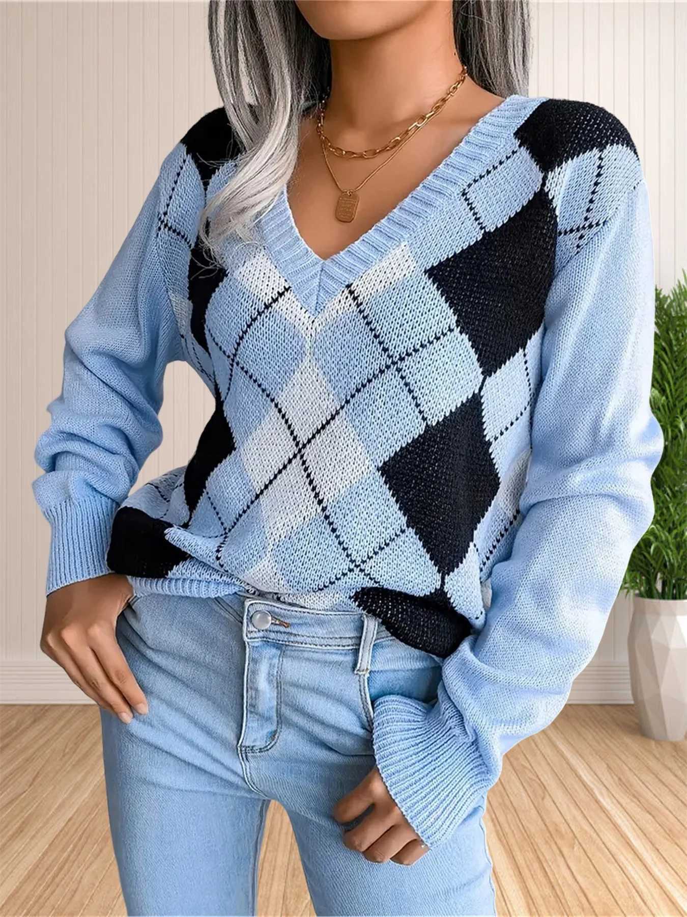 Women's Sweaters College Style Rhombus Sweater Women elegant V Neck Pullover Jumpers Female Autumn Winter Casual Loose Knitwear Trend Streetwea