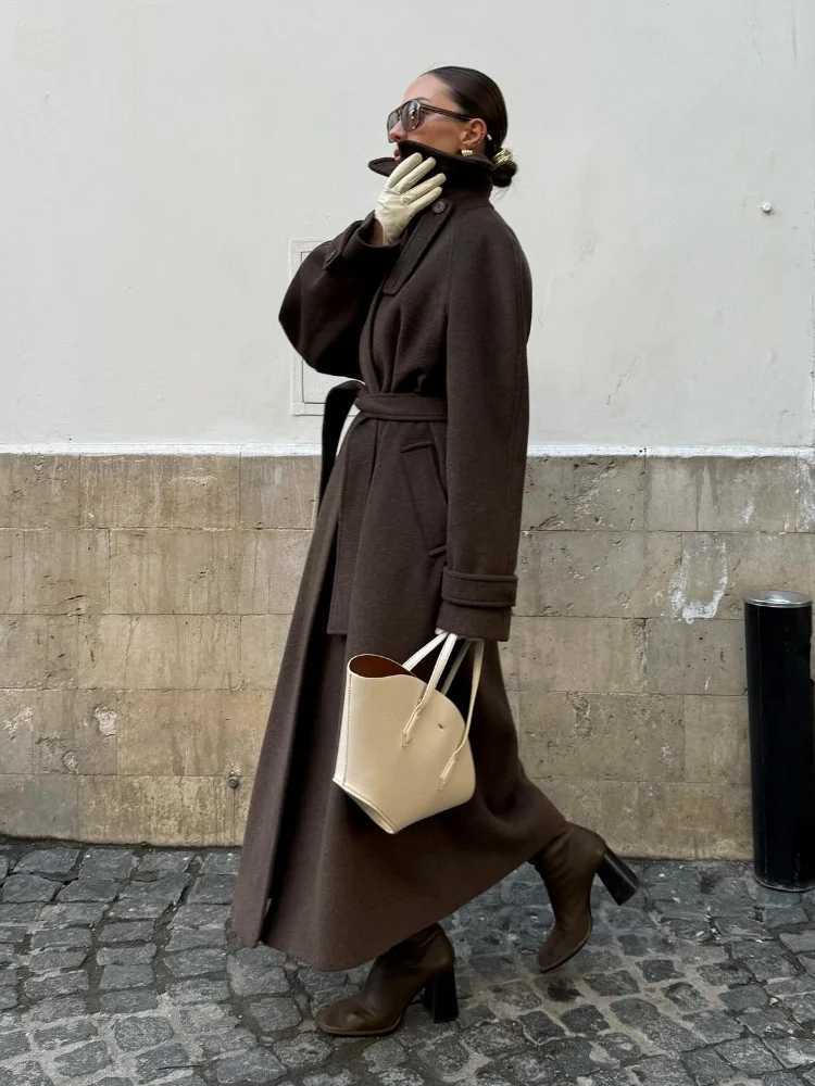 Women's Long Woolen Overcoats Stand Collar Single Breasted Lace Up Oversized Coat Autumn Winter Female Loose New Chic Outerwears S260923UE0F