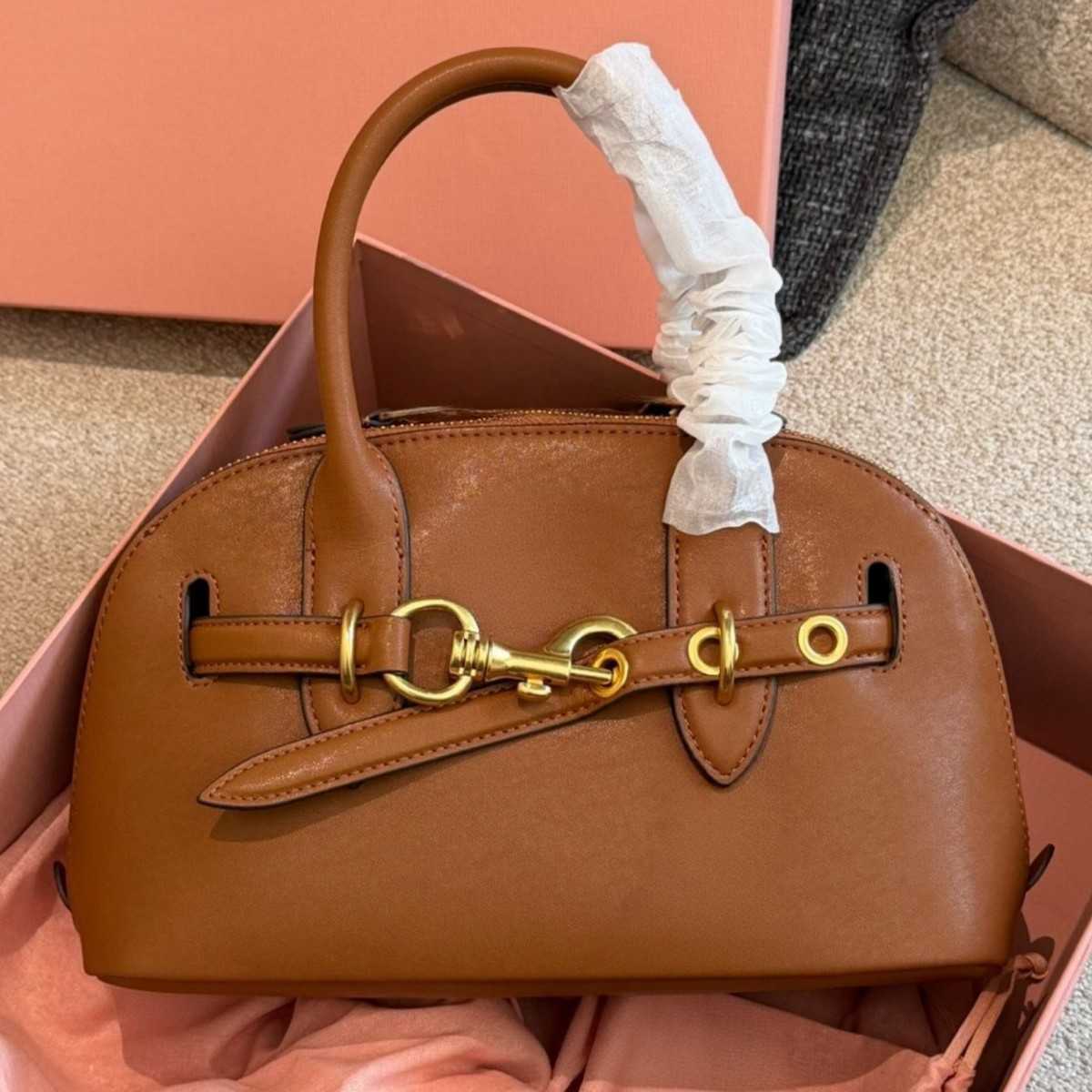 Luxury Designer Women Dome Bag Brown Caramel Leather Shoulder Bag Gold Hardware Crossbody Bag Vintage Handbag Classic Ladies Purse Designer Shell Ba
