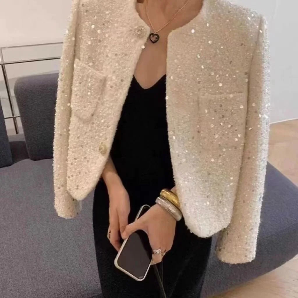 Women Chic Sequins Sweet Tweed Jacket Elegant Long Sleeve Slim Coat Fashion O-Neck Spring Autumn All Match Tops 260922