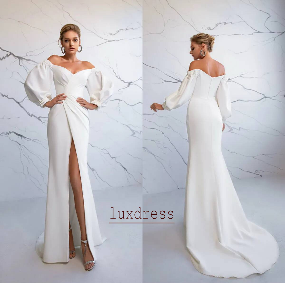 Elegant Off Shoulder Mermaid Satin Wedding Dress: High Slit Sweep Train Long Sleeves Custom Bridal Gown Perfect for Your Special Day