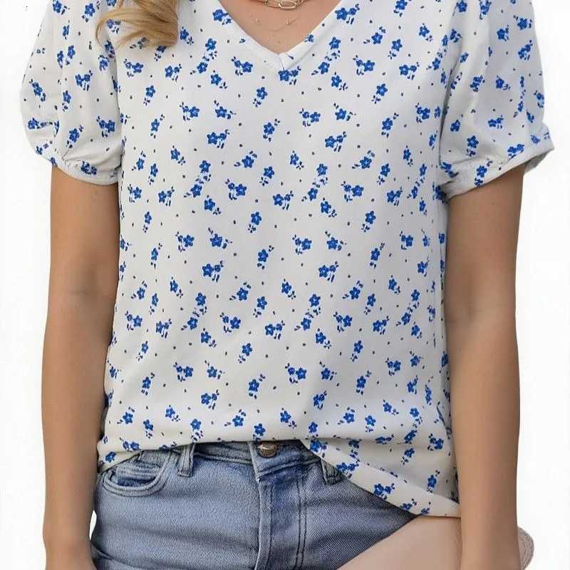 Women's Sweaters Plus Size Women Floral Print Viscose Knit Top V Neck Puff Short Sleeve Anti Pilling Casual Summer Blouse H260923