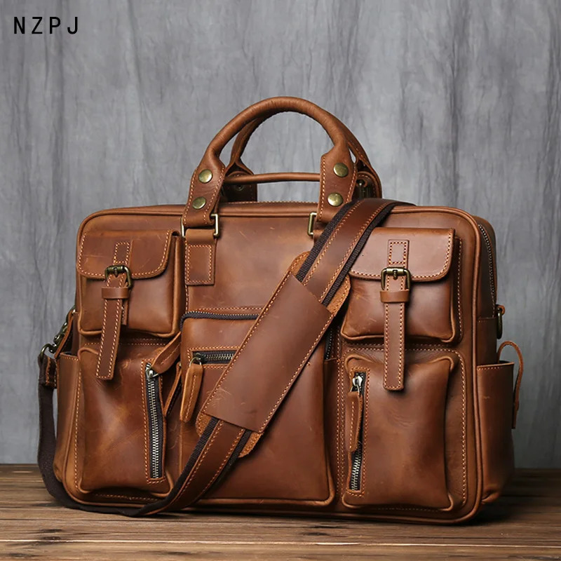 Retro Men's Leather Handbag Top Layer Cowhide Briefcase Large Capacity Travel Bag Crazy Horse Leather Laptop Shoulder Bag NZPJ 260920