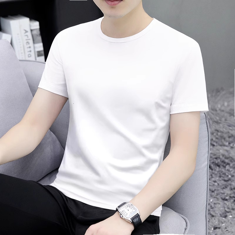 2025 Summer New White Short-Sleeve T-Shirt for Men, Slim Fit, Round Neck, Solid Color, Breathable, Plus Size, Versatile Tee