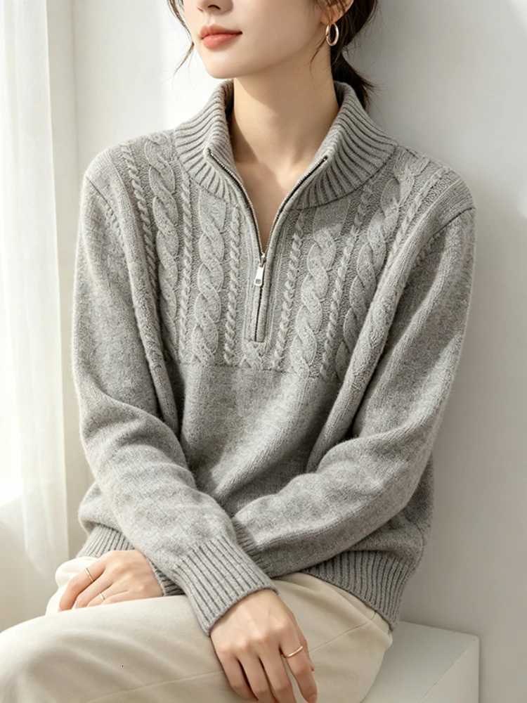 Women's Sweaters Elegant High Sense Knitted Sweater 2026 Autumn Winter New Half Zip Collar Shoulder-Fitted Cable Knit Women Pullover Layering T