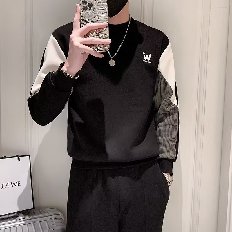 Winter-spring Patchwork Hoodie For Men, 2026 New Design, Spring-autumn Korean Style, Designer Round Neck Loose Top, Chic Hong Kong Fashion Trend