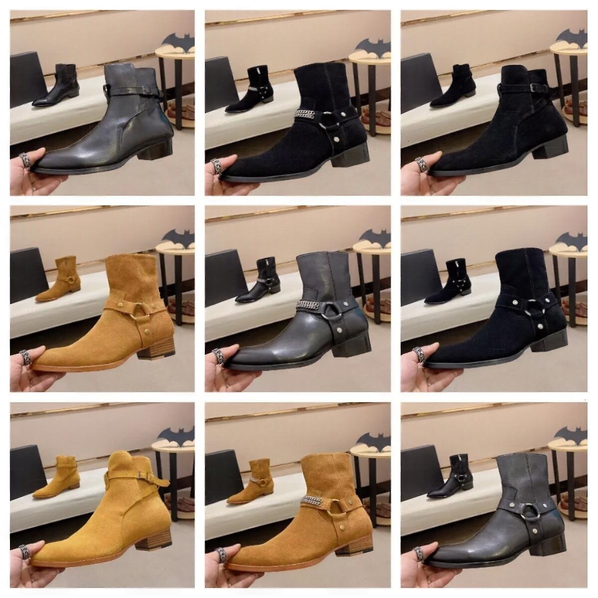 Leather Ankle Boots Men Black Chelsea Luxury Designer Pointed Toe Low Heel Dress Casual Fashion Classic Crocodile Riding Winter Office Party Walking