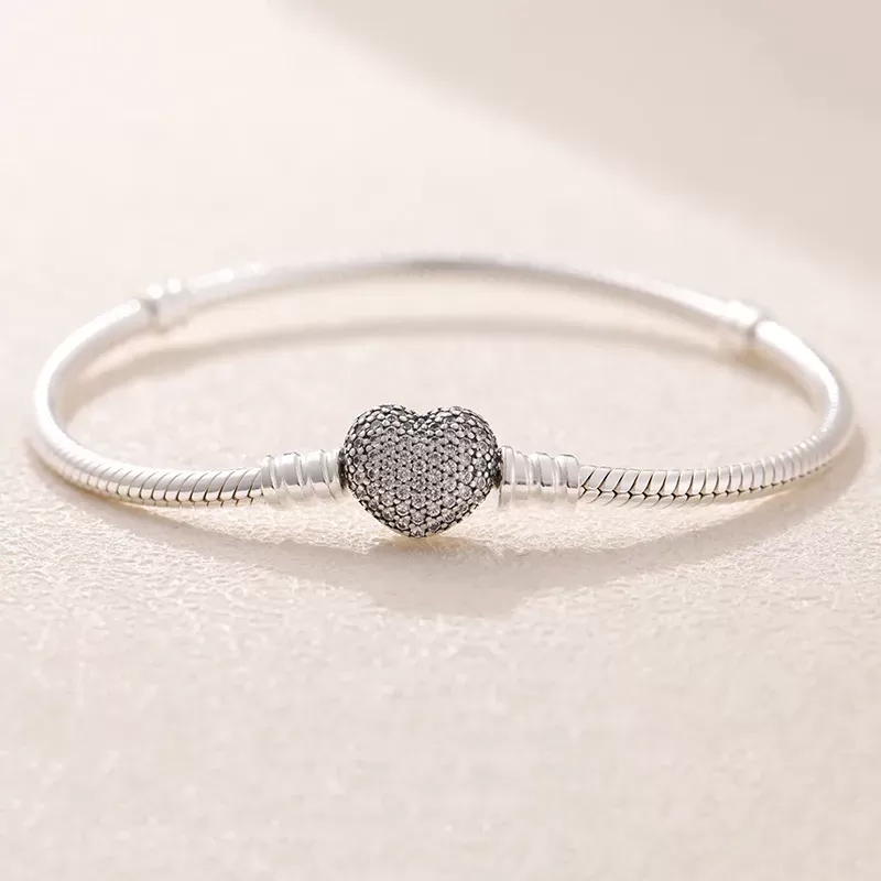 100% 925 Sterling Silver Heart Charm Bracelet Snake Chain Bracelets Jewelry For Women Wedding Hand chain Diamond Clip bracelet