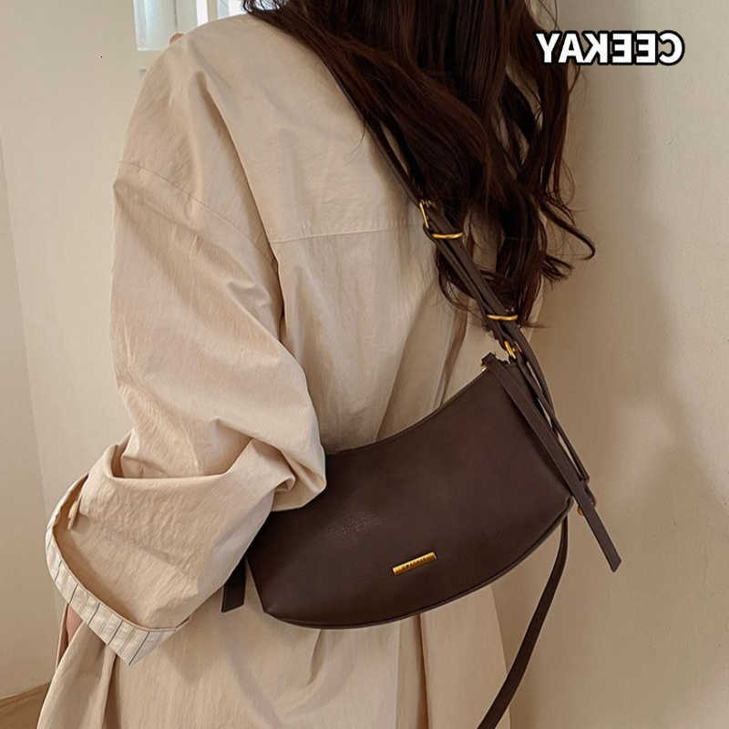 Cross Body CEEKAY Women's Shoulder Bag Dark Brown Soft PU Leather Crescent Handbag Gold Bar Label Detail Daily Casual Minimalist Style D260923