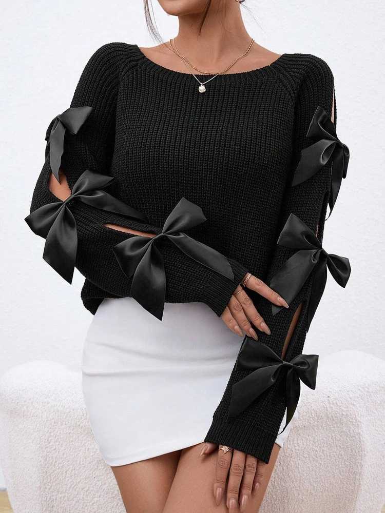 Women's Sweaters Fashionable Bow Detail Hollowed out Raglan Sleeve Knit Sweater round Neck Minimalist Style Women's Casual Sweater H260923