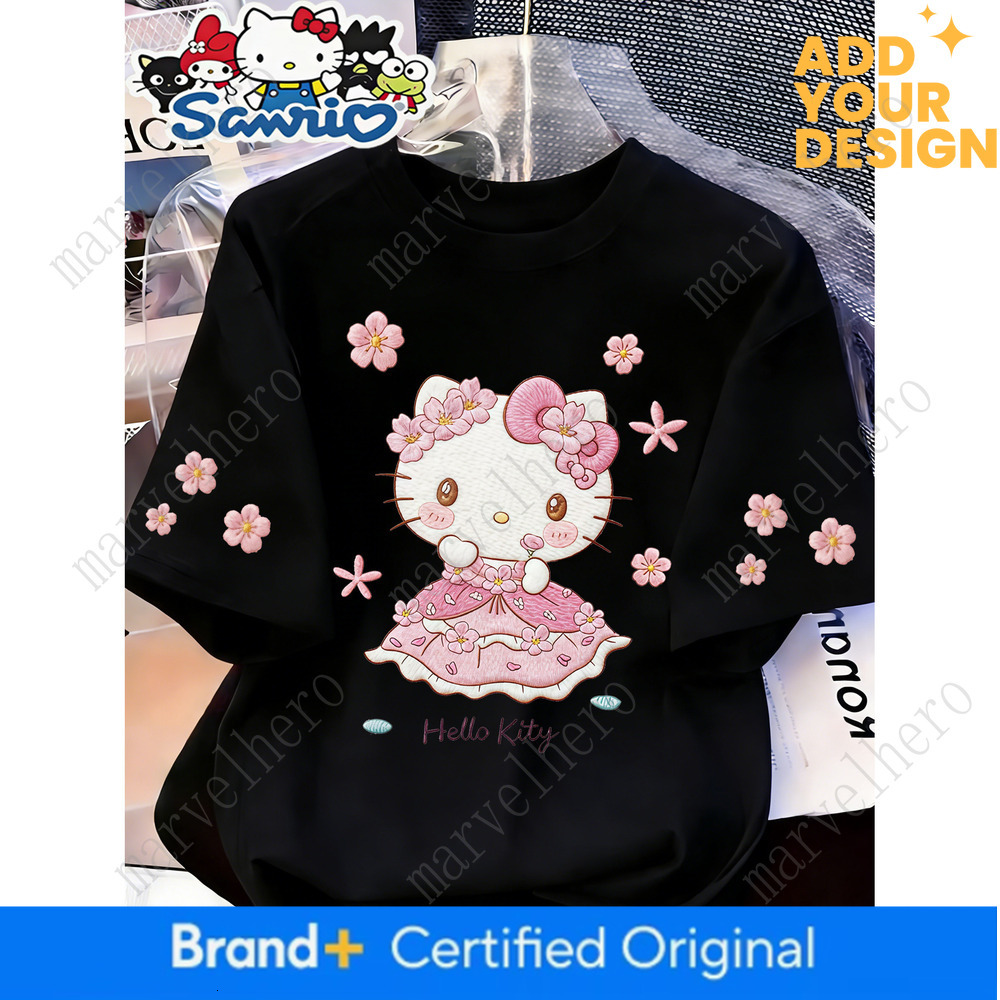 Sanrio Sakura Hello Kitty Non Print Women S Round Neck T Shirt Spring Summer Casual Sports Machine Washable Comfortable And Fitted Top