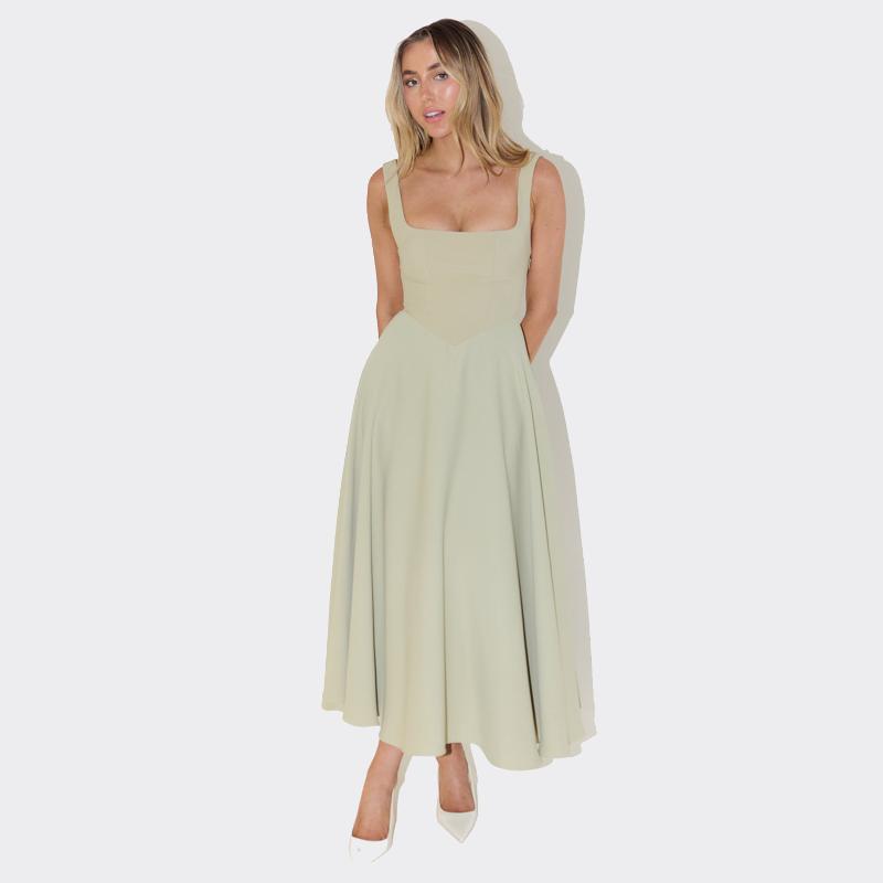 Women Sleeveless A Line Midi Dress Square Neck Thick Shoulder Straps High Waist Design Fitted Bust Flared Swing Skirt Lightweight Solid Mid Length D