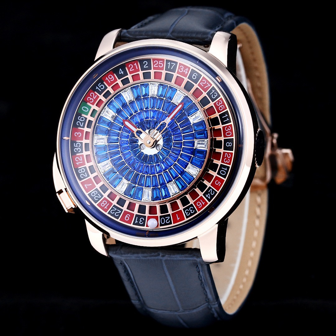 J&C JCAM36 Mens Watches Diamond 44mm 18K Rose Gold Red Baguette Dial Red Alligator Strap Celestial Wristwatch Swiss Craft Complex Movement Designer