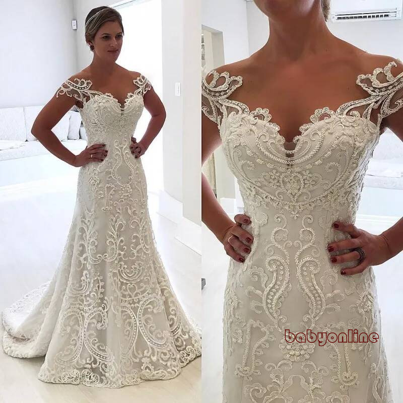 Modest Mermaid New Dresses Full Lace Appliqued Trumpet Bridal Gowns Sheer Neck Cheap Plus Size Wedding Dress