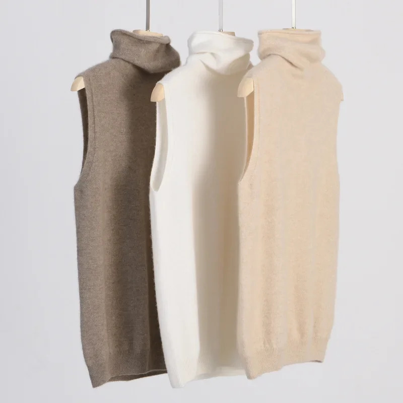 Elegant British Style 100%Wool Turtleneck Ladies Sweater Sleeveless Tank Tops 2026 Autumn Slim Soft And Warm Knitted Women Vests 260923
