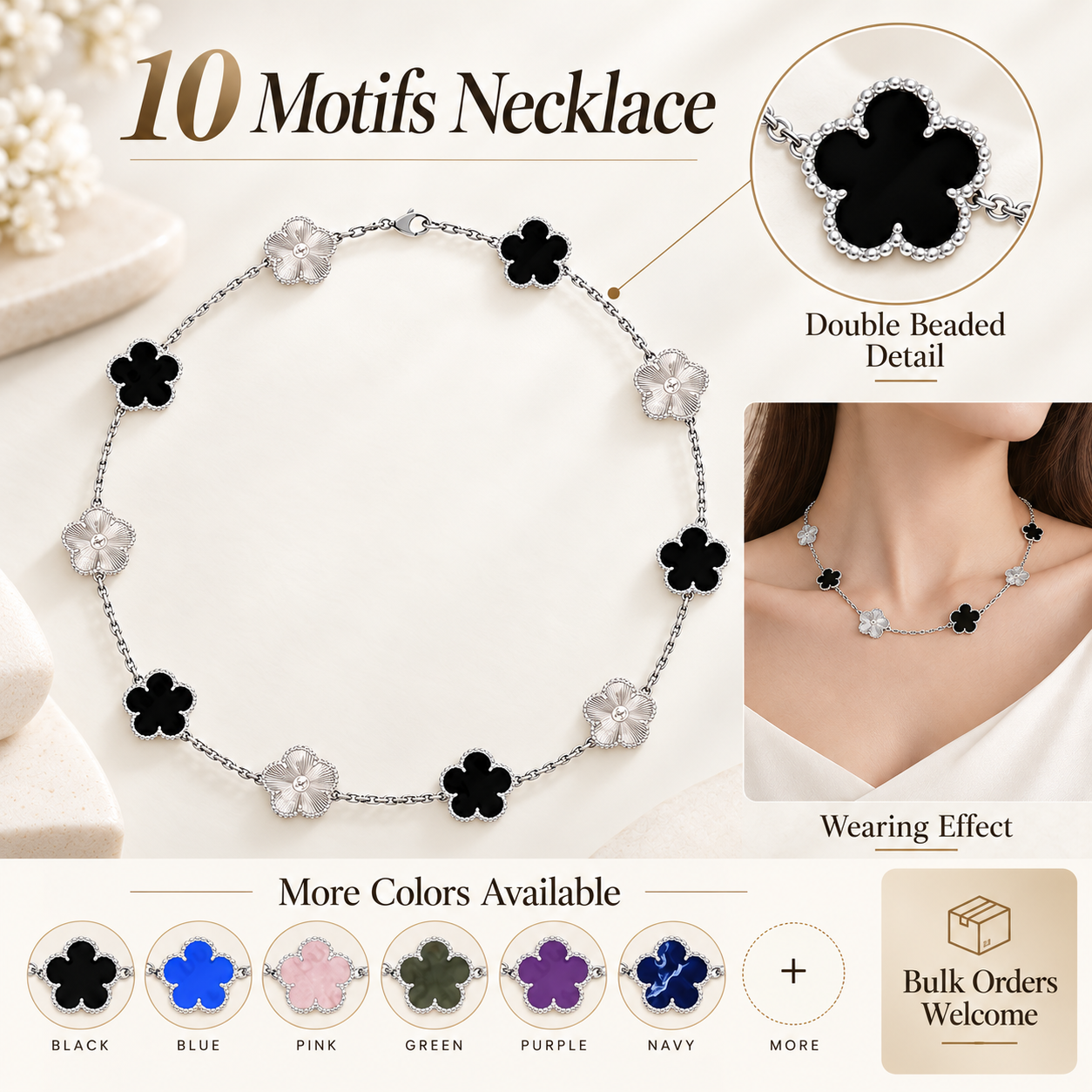 Hot sale necklace silver jewelry necklaces women Vintage style charm 10 motif clover necklace for lady party gift 15mm flower pendant necklace sterl
