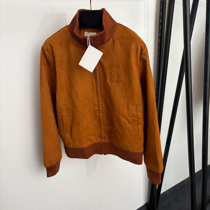 Vintage Faux Suede Jacket Women Stand Collar Zip Up Bomber Coat Designer Letter Patch Cropped Outerwear Streetwear