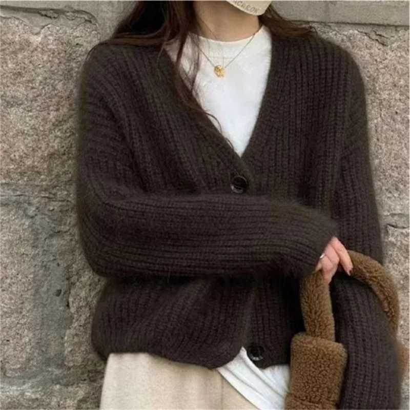 Women's Sweaters Women's Cropped Cardigan Sweater Spring Autumn Street Vintage Mohair Knitted Sweater Fashion V-Neck Puffer Sweater Jacket