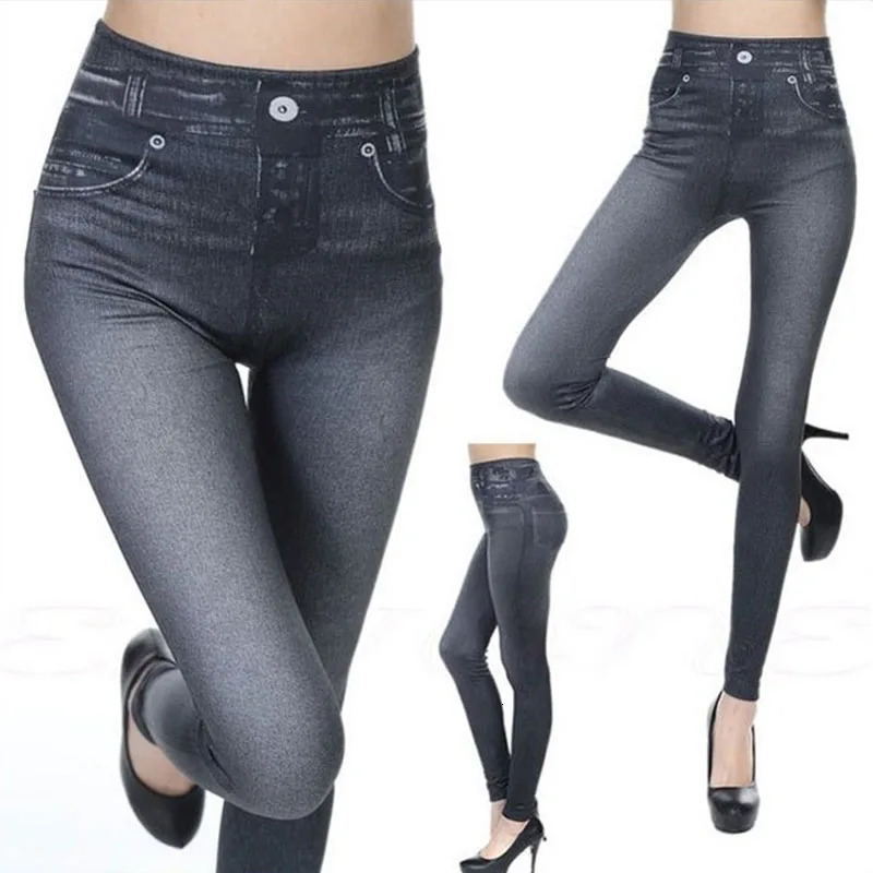1pcs Women's Denim Print Leggings Females Fashion Slim Leggings Faux Jeans Leggings Lady Stretch Printed Tights Black Blue Pants 260922