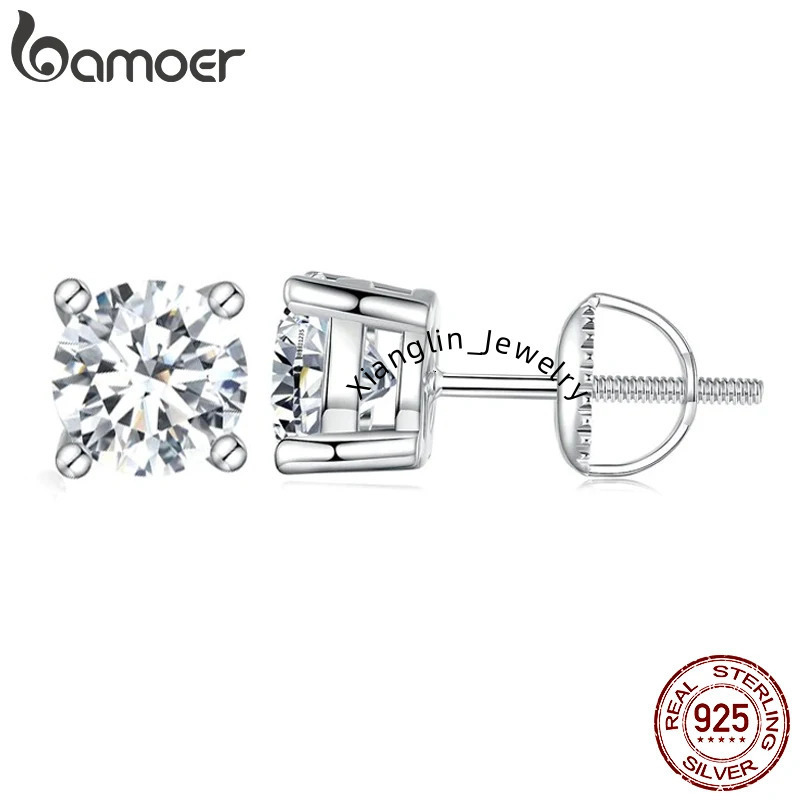 BAMOER 4 Prongs Moissanite Earrings for Women Solid 925 Sterling Silver 2CT VVS1 Lab Diamond Sparkling Classic Wedding Jewelry