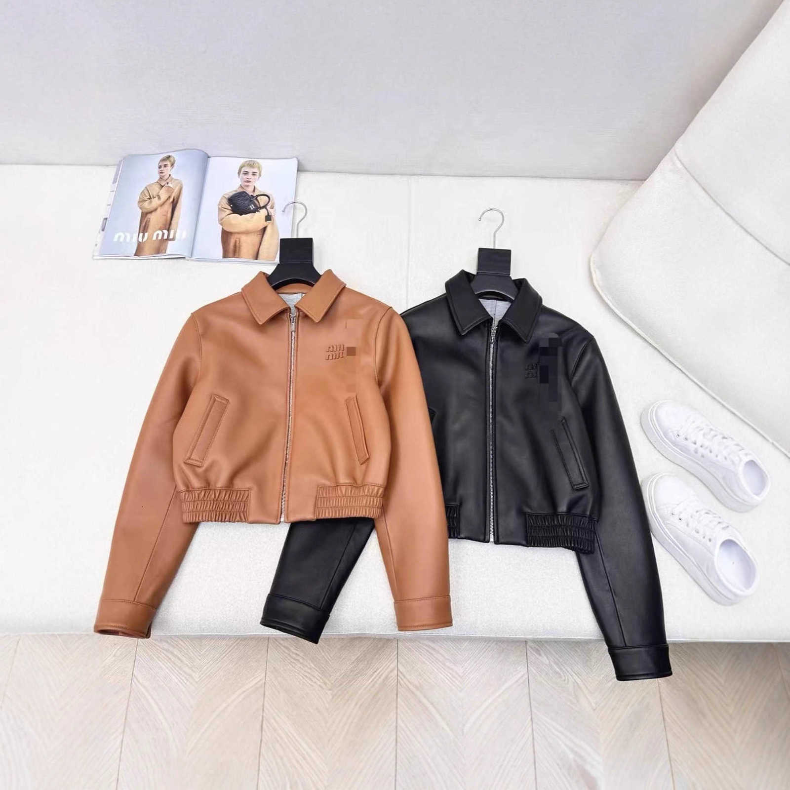 designer Women's Leather Faux Leather MM autumn collection: short jacket with elastic waistband, drawstring, stand-up collar, fashionable zippe
