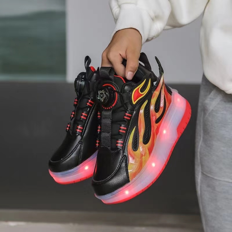 Rotating button Girls' sneakers 2024 New kids leather top Rampage lace Light Student Breathable Flame roller skates 26Y0923