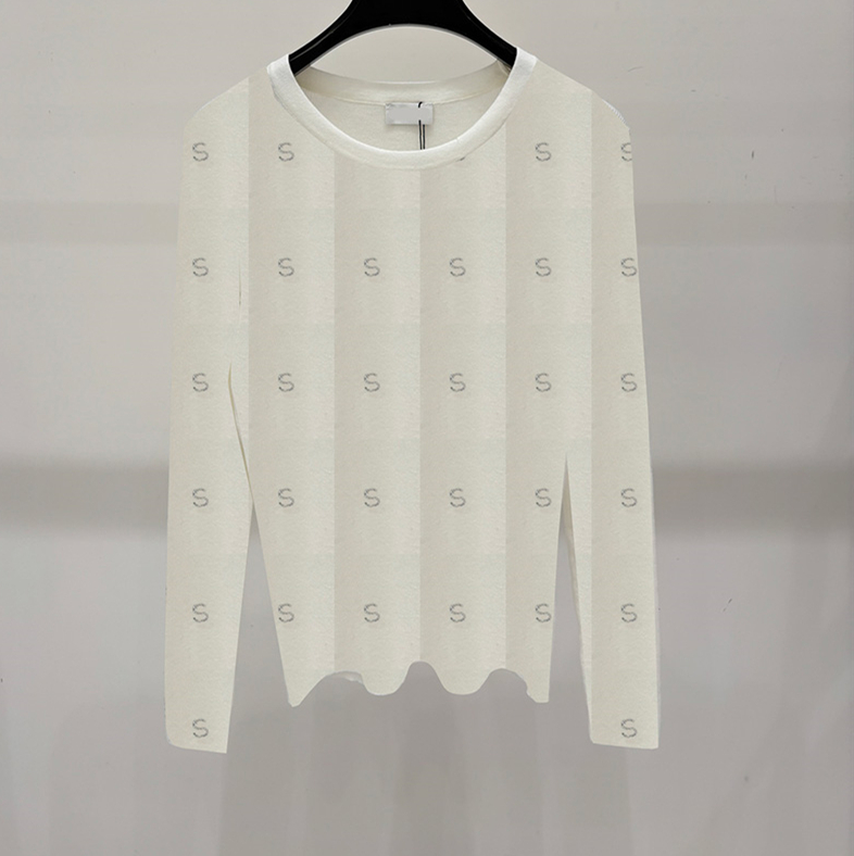 Sexy Women Rhinestone Knit Shirt Elegant Crew Neck Long Sleeve Sheer Thin Slim Fit Top Autumn Party Night Club Weekend Chic Knitwear Outfit