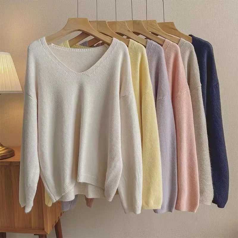 Women's Sweaters Casual V Neck Sweater for Women Solid Color Soft Comfortable Knitted Pullover Woman Autumn Winter Loose Fit Base Layer Knitwea