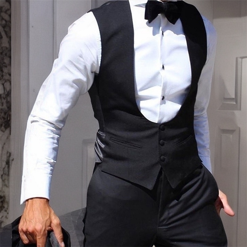 Black Men Vest for Wedding Groom One Piece Slim Fit Suit Waistcoat Solid Color Male Fashion Coat 260922