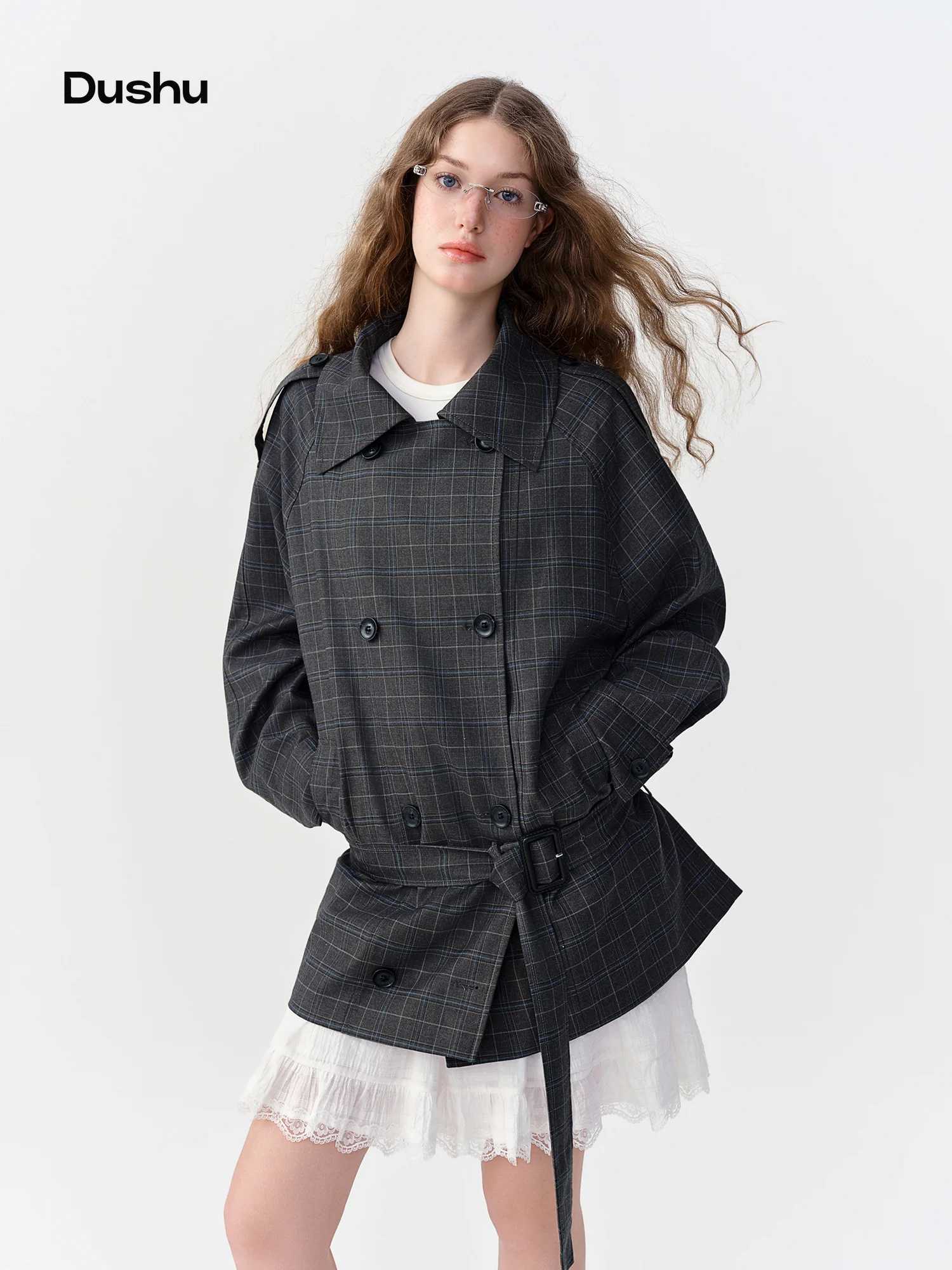 DUSHU 2026 Fall Women's Vintage Plaid Double Breasted Trench Coat - Elegant Timeless British Style for Commute and Daily Wear M260922
